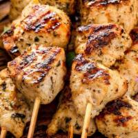 Souvlaki / Skewers · Chunks of tender pork or chicken on a skewer marinated with Greek spices and cooked to perfe...