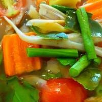 Vegetable Tom Yum · Vegetable medley cooked in our spicy lemongrass broth.