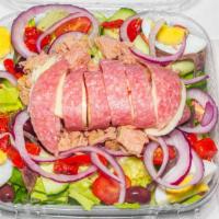 Antipasto Salad · Romaine lettuce, salami, pepperoni, provolone, tuna, cucumbers, olives, tomatoes, roasted pe...