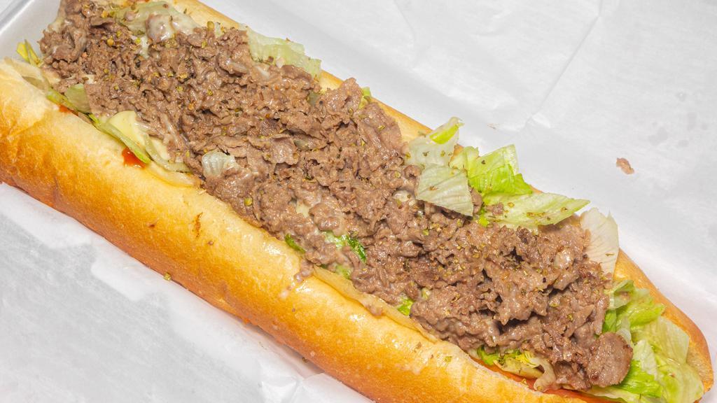 Cheese Steak Hoagie · Served on a hoagie roll or a low carb wrap. 8 ounces of top-quality sirloin steak, American cheese, lettuce, and tomato