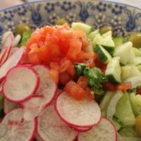 Fattoush Salad · Romaine, radish, olives, tomatoes, cucumbers, onions, sumac, lemon dressing, olive oil.