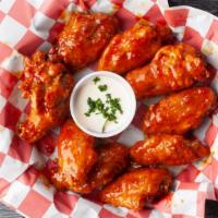 Chicken Wings (10) · BBQ, Sriracha Buffalo, Garlic Honey, Sweet Chili