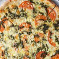 The Goatie! · Signature Pesto, Sliced Tomato, Goat Cheese, Shredded Mozzarella, EVOO