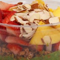 Willow Bowl · Toppings: Granola, Mango, Almond Slivers, and Strawberry.