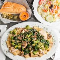 Chicken Abbruzzio · Broccoli, mushrooms, spinach, black olives with pieces of boneless chicken breast sauteed wi...