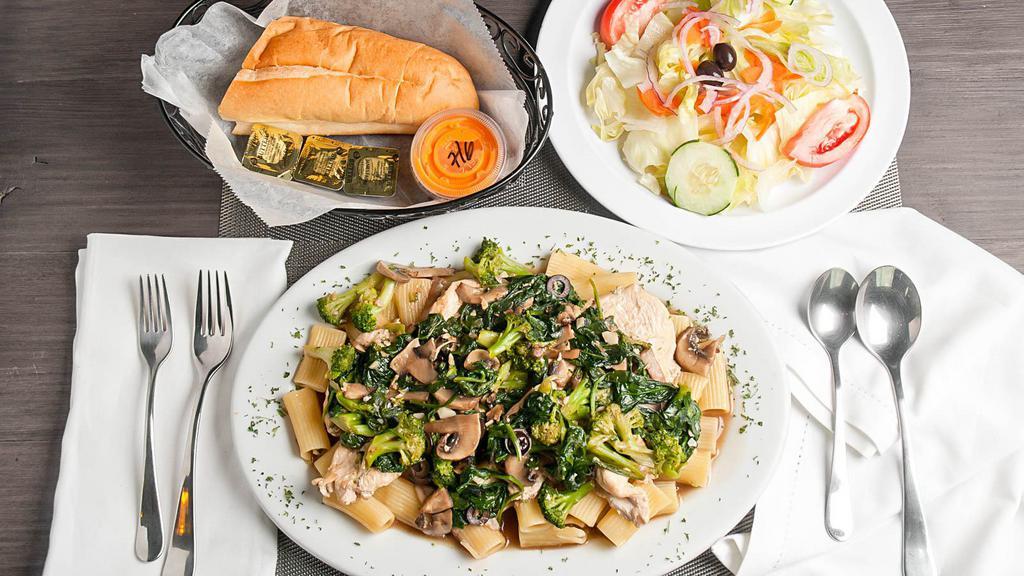 Chicken Abbruzzio · Broccoli, mushrooms, spinach, black olives with pieces of boneless chicken breast sauteed with olive oil, fresh garlic, fresh herbs and tossed with rigatoni.