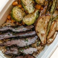 Queen B · Multi Grains, French herb roasted steak, Roasted butternut squash, Brussels sprout, Roasted ...