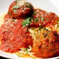 Spaghetti & Meatballs · Tomato Marinara, Parmigiano-Reggiano. Substitute vegan meatballs for an additional charge.