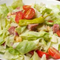 Chopped Salad · Iceberg, Grape Tomatoes, Chickpeas, Provolone, Salami, Red Onion, White Balsamic Dressing