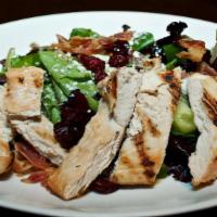 Raspberry Chicken · Gluten-free option available upon request. Mixed Greens, Craisins, Bacon, Cucumber, Bleu Che...