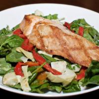 Grilled Salmon · Gluten-free option available upon request. Grilled Atlantic Salmon, Spinach, Artichokes, Roa...