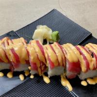 Red Dragon Maki* (Inside Out) · Shrimp tempura, cucumber, avocado, topped with fresh tuna, and spicy mayo