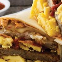 Breakfast Burrito-(Omelet Wrap) · Three eggs, American cheese, and choice of meat.