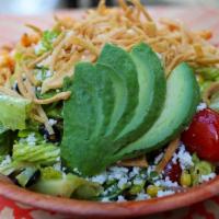 Taco Salad · romaine and arugula mix, pickled red onions, tomatoes, roasted corn, black beans, queso fres...
