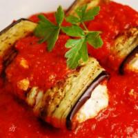 Eggplant Involtini · Thin Slices of Batter-fried Eggplant | rolled & stuffed with Ricotta | topped with Mozzarell...
