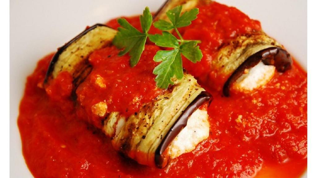 Eggplant Involtini · Thin Slices of Batter-fried Eggplant | rolled & stuffed with Ricotta | topped with Mozzarella & Tomato Sauce - (2 per order)