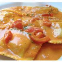 Lobster Ravioli · Homemade Lobster Ravioli with stuffed with Chunks of Lobster Meat in Creamy Vodka Sauce