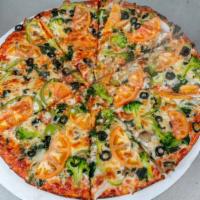 Veggie Lovers' · Mushrooms, Tomatoes, Onions, Peppers, Olives, Spinach & Broccoli.