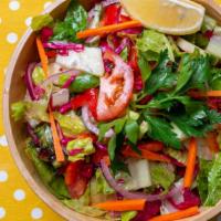 Mediterranean Salad · Fresh lettuce, carrots, red cabbage, tomatoes, cucumbers, onions, red peppers, olive oil and...