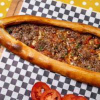 Ground Beef Pita · Traditional style Turkish Pizza with ground beef blended with onion, tomato, green and red p...