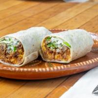 Burritos · All burritos come with your choice of meat, rice, beans, lettuce, onion, cilantro, and sour ...