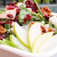 Apple Walnut · spinach, baby kale, granny smith apples, candied walnuts, cranberries, goat cheese, & maple ...