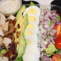 Cobb · grilled chicken, romaine, bacon, bleu cheese, red onion, tomato, avocado, hard boiled egg, &...