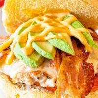 Gobbler · gobbler turkey burger, bacon, avocado, tomato, monterey jack cheese, & honey sriracha mayo