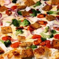 Sm Veggie · white pizza with crispy eggplant, broccoli, red onion, roasted cherry tomato, spinach, & ric...
