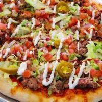 Sm Street Taco Pizza · white pizza, mozz, chorizo, ground beff, pickled jalapenos, lettuce, pico de gallo, refried ...