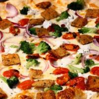 Lg Veggie · white pizza with crispy eggplant, broccoli, red onion, roasted cherry tomato, spinach, & ric...