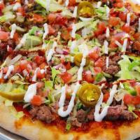 Lg Street Taco Pizza · white pizza, mozz, chorizo, ground beff, pickled jalapenos, lettuce, pico de gallo, refried ...