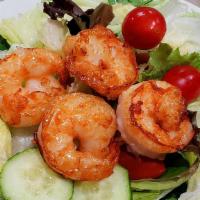 Pan Fried Shrimp Sald 蝦沙拉 (4 只大蝦） · 4pcs of Pan Fried Shrimp with Iceberg Lettuce & Spring Salad Mix  in Ginger Dressing