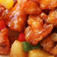 Sweet And Sour Chicken Or Pork 菠萝甜酸鸡/肉 · Deep-fried chicken or pork pieces in sweet and sour sauce with pineapple, bell peppers, onio...