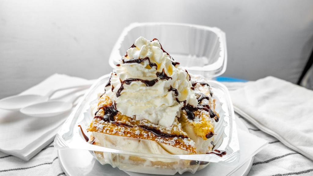Waffle Sandwich · Our delicious ice cream in between 2 freshly made waffles. Choose 1 flavor of any ice cream. Add wet toppings, dry toppings or whipped cream and cherry for an additional charge.