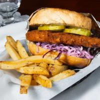 Hot Honey Chicken Cutlet · Fried chicken breast, pickles, hot honey drizzle on a soft bun.