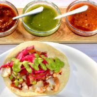 Baja Fish Tacos · Fish Tempura, Pico, Red Slaw, Chipotle Aioli, Avocado Sauce.