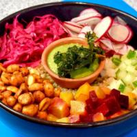 Saludable Bowl · Quinoa with veggies, Red Cabbage, Radish, Beets, Jicama, Crispy Kale, Spicy Peanuts and Avoc...