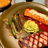 Carne Asada · Grilled choice strip loin steak, chicken enchilada, avocado mousse, rice, beans.