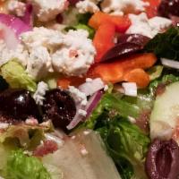 Personal Greek Salad · Crisp lettuce, cucumbers, tomato, Kalamata olives, red onion, feta cheese, and red peppers, ...