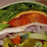 Veggie Wrap · SPINACH WRAP LOADED WITH SPINACH, RED ONIONS, TOMATO, PEPPERS & MIXED CHEESE