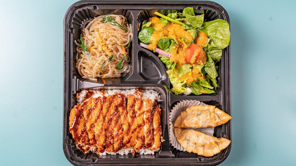 Chicken Katsu Bento Box · chicken cutlet,  rice, glass noodles, dumplings and salad