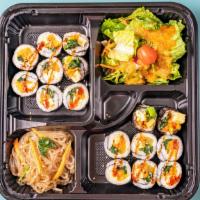 Korean Kimbap Roll Bento Box · 16 kimbap pieces, glass noodles and salad