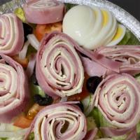 Chef Salad · Turkey, ham, American cheese, and egg. Lettuce, tomato, onions, black olives, and cucumbers.