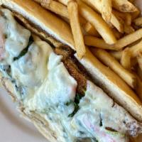 Italian Chicken Cutlet · Hand breaded cutlet, spinach, roasted red peppers, sharp provolone, toasted long roll.