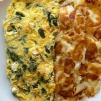 Florentine Omelette · Spinach, feta, homefries, toast.