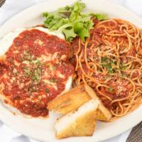Chicken Parmesan · Hand breaded cutlets, marinara, mozzarella, spaghetti.