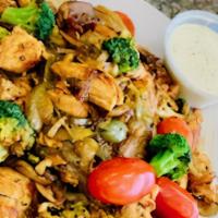 Chicken Stir Fry Platter · Grilled chicken tenders with sauteed mushrooms, broccoli, peppers and onions. Served with sa...