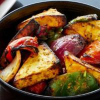 Paneer Shashlik · Cottage cheese, onion, tomato, and bell pepper. Served with rice.