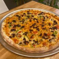 Vegie Lovers Pizza  · Red Sauce, Mozzarella, fresh tomatoes, Mushrooms, Onion, Olives, Green peppers, and Daily Fr...